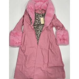 JAYLEY Pink Trench Style Belted Coat with Faux Fur Cuffs and Collar S/M